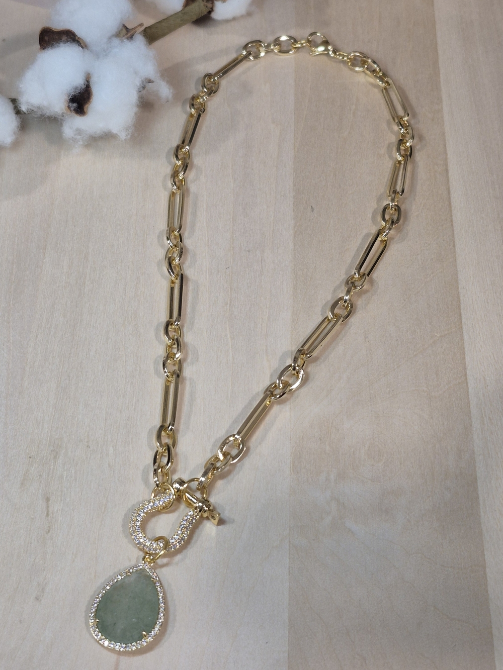 💚💛NEW💚💛 STUNNING!! PaperClip Green Natural Stone And CZ Horseshoe Necklace - Picture 11 of 13